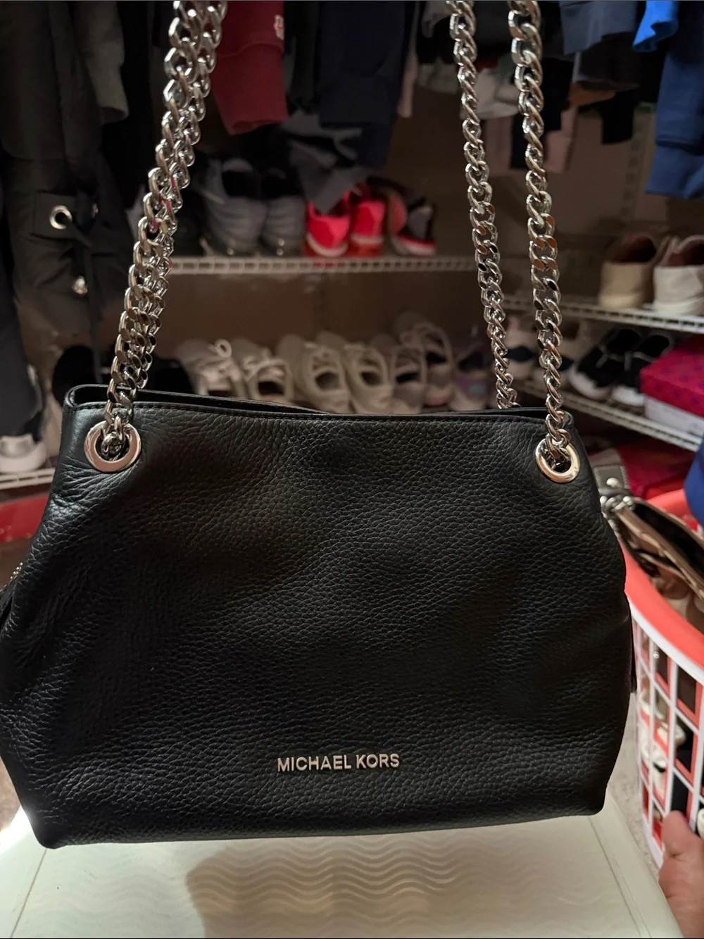Michael Kors Black Pebbled Leather Shoulder Bag with Silver Chain